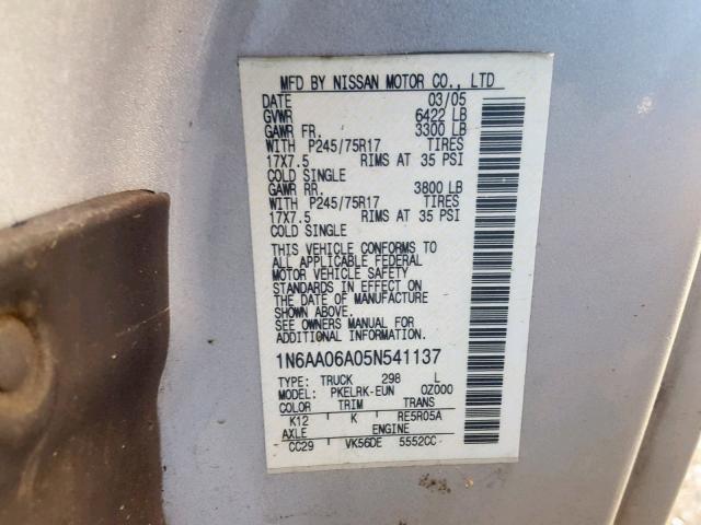 1N6AA06A05N541137 - 2005 NISSAN TITAN XE SILVER photo 10