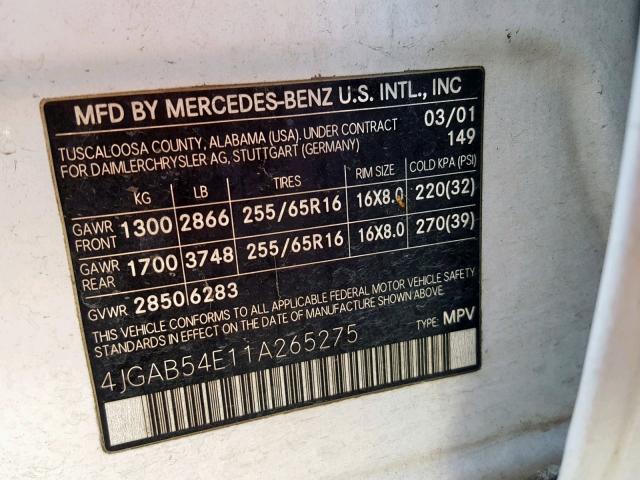 4JGAB54E11A265275 - 2001 MERCEDES-BENZ ML 320 WHITE photo 10