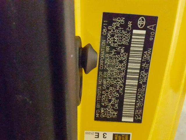JTKJF5C78C3026382 - 2012 TOYOTA SCION TC YELLOW photo 10