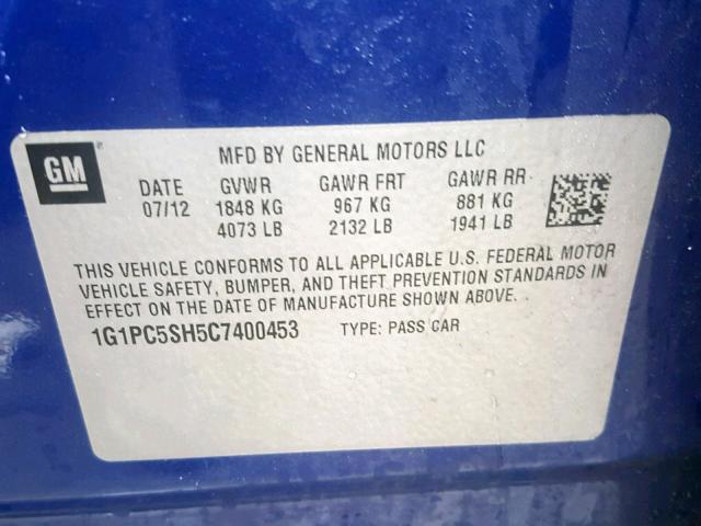 1G1PC5SH5C7400453 - 2012 CHEVROLET CRUZE LS BLUE photo 10