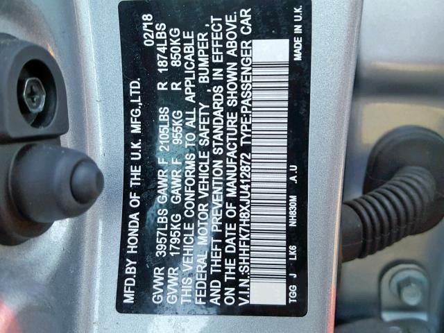 SHHFK7H8XJU412872 - 2018 HONDA CIVIC EXL SILVER photo 10