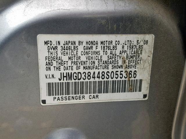 JHMGD38448S055366 - 2008 HONDA FIT SILVER photo 10