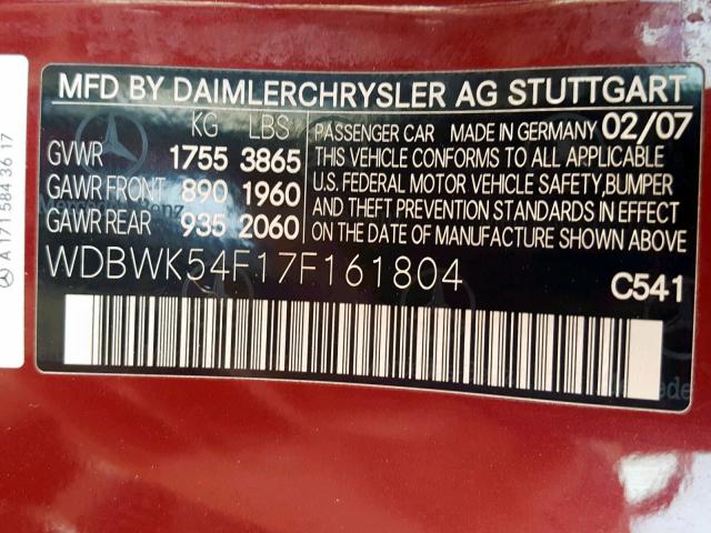 WDBWK54F17F161804 - 2007 MERCEDES-BENZ SLK 280 RED photo 10