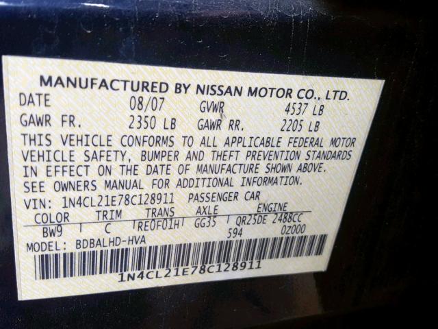 1N4CL21E78C128911 - 2008 NISSAN ALTIMA HYB BLUE photo 10