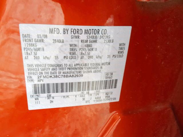 2FMDK38C78BA82939 - 2008 FORD EDGE SEL ORANGE photo 10