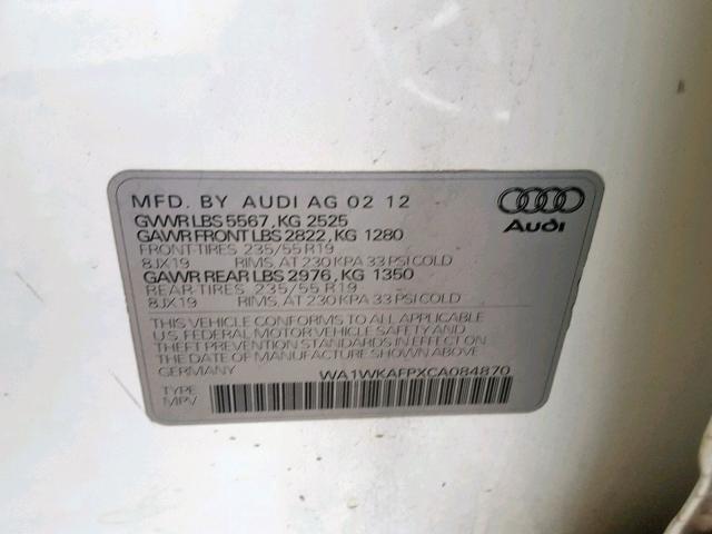 WA1WKAFPXCA084870 - 2012 AUDI Q5 PRESTIG WHITE photo 10