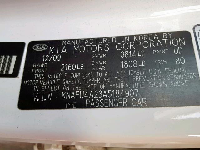 KNAFU4A23A5184907 - 2010 KIA FORTE EX WHITE photo 10