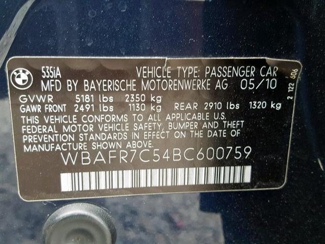 WBAFR7C54BC600759 - 2011 BMW 535 I BLUE photo 10
