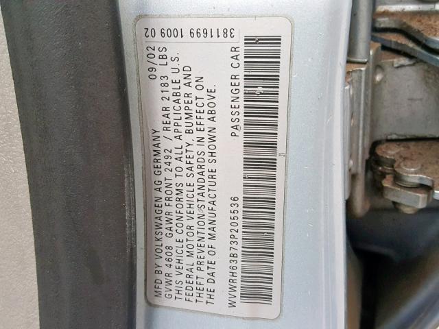 WVWRH63B73P205536 - 2003 VOLKSWAGEN PASSAT GLX 蓝色 照片 10