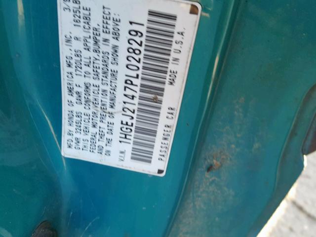 1HGEJ2147PL028291 - 1993 HONDA CIVIC DX GREEN photo 10