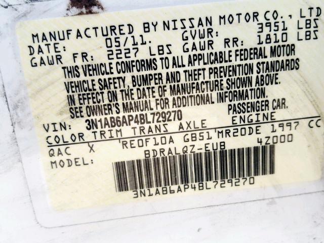 3N1AB6AP4BL729270 - 2011 NISSAN SENTRA 2.0 WHITE photo 10