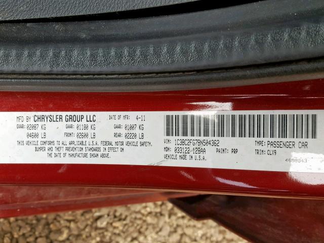 1C3BC2FG7BN504362 - 2011 CHRYSLER 200 LIMITE RED photo 10