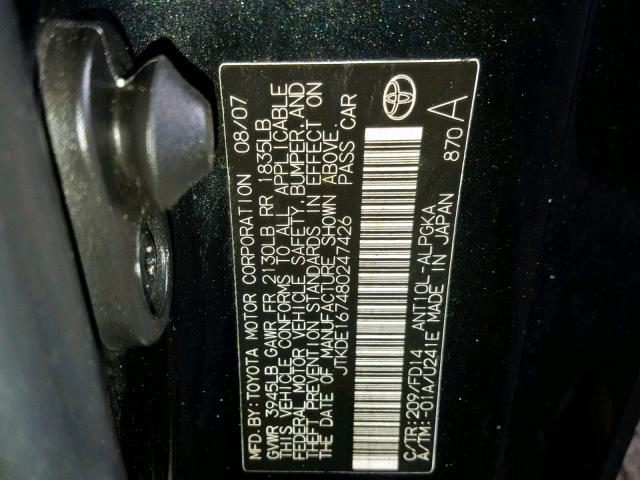 JTKDE167480247426 - 2008 TOYOTA SCION TC BLACK photo 10