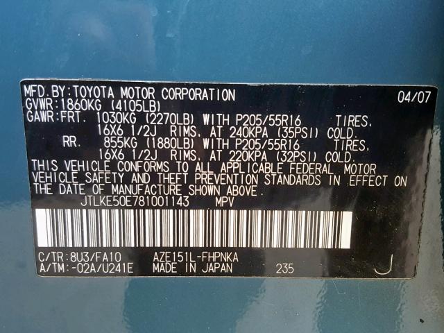 JTLKE50E781001143 - 2008 TOYOTA SCION XB BLUE photo 10