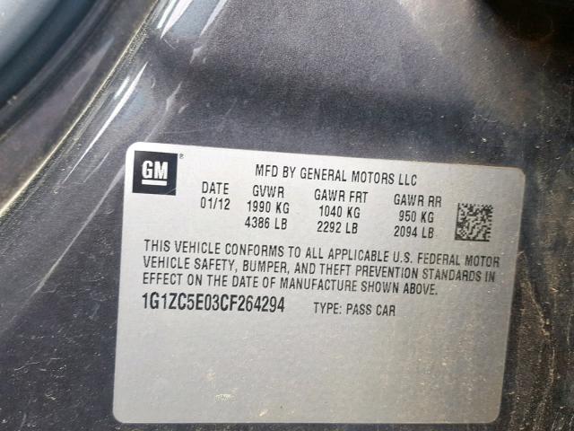 1G1ZC5E03CF264294 - 2012 CHEVROLET MALIBU 1LT CHARCOAL photo 10