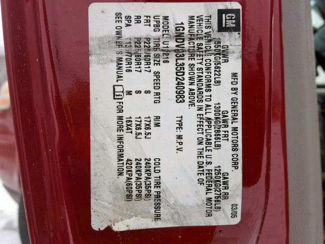 1GNDV03L35D240983 - 2005 CHEVROLET UPLANDER RED photo 10