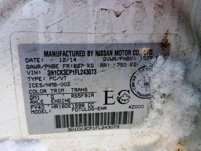 3N1CK3CP1FL243073 - 2015 NISSAN MICRA WHITE photo 10