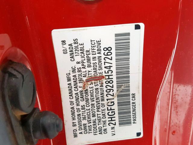 2HGFG12928H547268 - 2008 HONDA CIVIC EXL RED photo 10