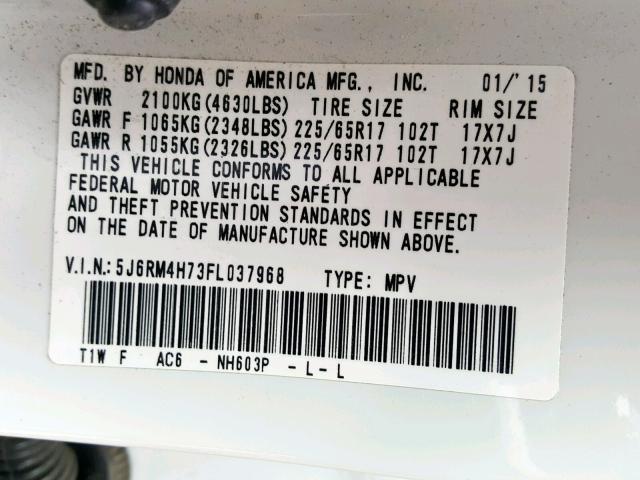 5J6RM4H73FL037968 - 2015 HONDA CR-V EXL WHITE photo 10