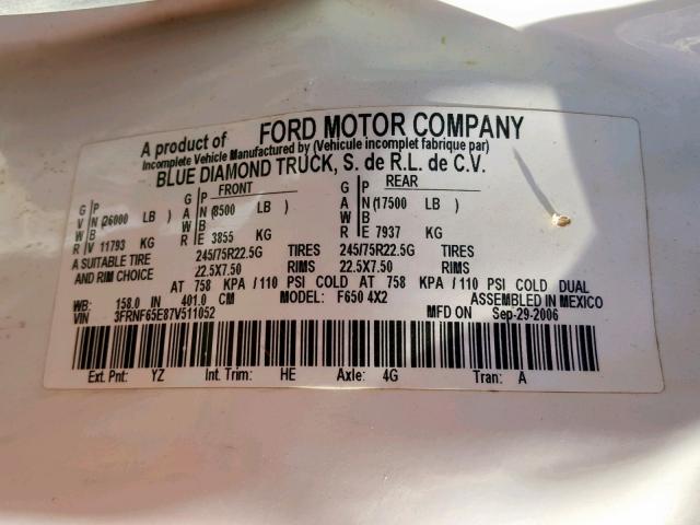 3FRNF65E87V511052 - 2007 FORD F650 SUPER WHITE photo 10