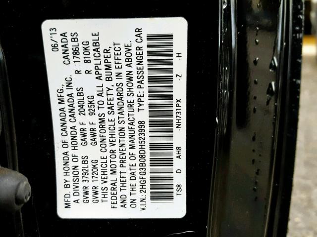 2HGFG3B08DH523998 - 2013 HONDA CIVIC EXL BLACK photo 10