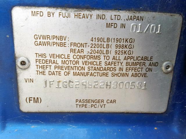 JF1GG29622H800581 - 2002 SUBARU IMPREZA WR BLUE photo 10