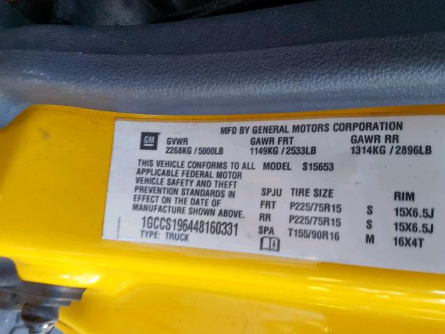 1GCCS196448160331 - 2004 CHEVROLET COLORADO YELLOW photo 10