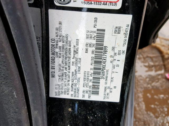 3FAHP0KC4CR179899 - 2012 FORD FUSION SPO BLACK photo 10