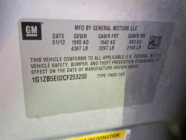 1G1ZB5E02CF253208 - 2012 CHEVROLET MALIBU LS SILVER photo 10
