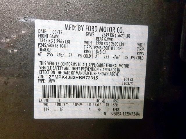 2FMPK4J82HBB72315 - 2017 FORD EDGE SEL GRAY photo 10