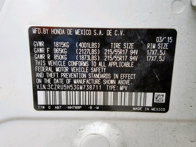 3CZRU5H53GM738711 - 2016 HONDA HR-V EX WHITE photo 10