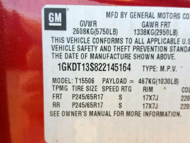 1GKDT13S822145164 - 2002 GMC ENVOY RED photo 10