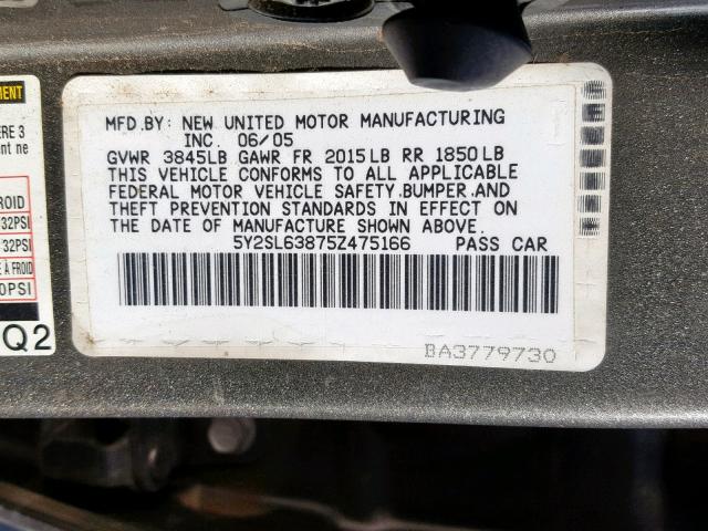 5Y2SL63875Z475166 - 2005 PONTIAC VIBE GRAY photo 10