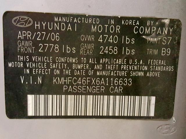 KMHFC46FX6A116633 - 2006 HYUNDAI AZERA SE SILVER photo 10