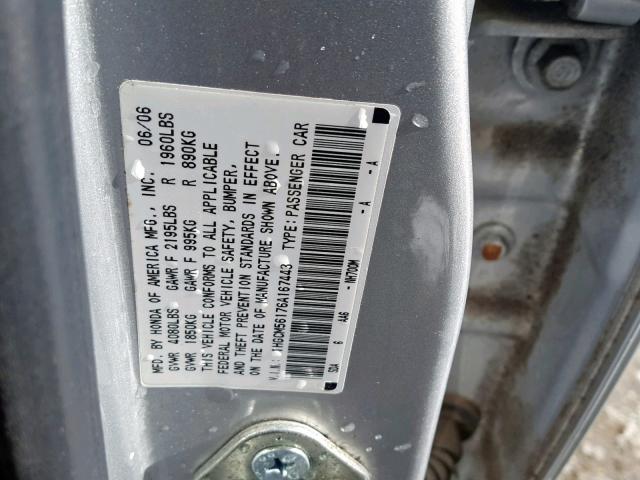 1HGCM56176A167443 - 2006 HONDA ACCORD VAL GRAY photo 10