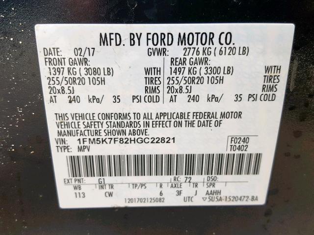 1FM5K7F82HGC22821 - 2017 FORD EXPLORER L BLACK photo 10