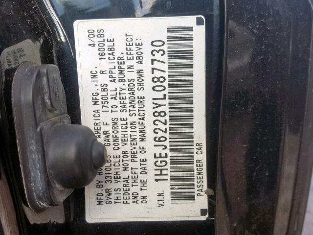 1HGEJ6228YL087730 - 2000 HONDA CIVIC DX BLACK photo 10