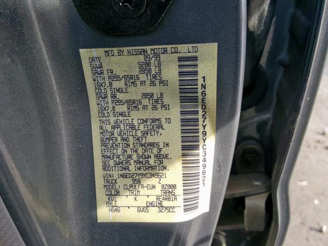 1N6ED27Y9YC349621 - 2000 NISSAN FRONTIER C GRAY photo 10