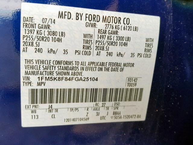 1FM5K8F84FGA25104 - 2015 FORD EXPLORER L BLUE photo 10