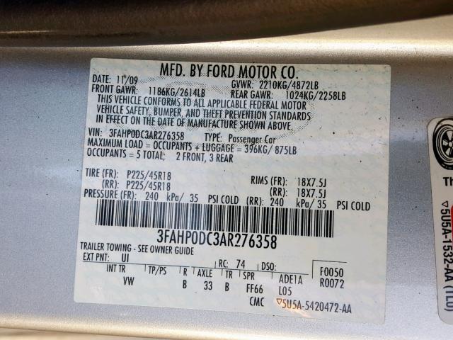 3FAHP0DC3AR276358 - 2010 FORD FUSION SPO SILVER photo 10