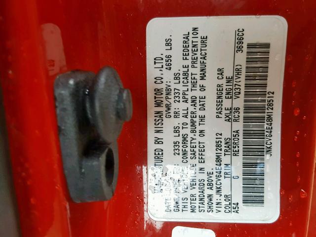 JNKCV64E48M128512 - 2008 INFINITI G37 BASE RED photo 10