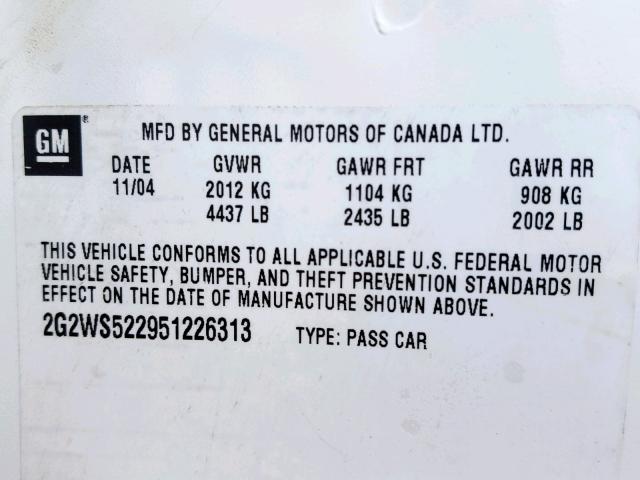 2G2WS522951226313 - 2005 PONTIAC GRAND PRIX 白色 照片 10