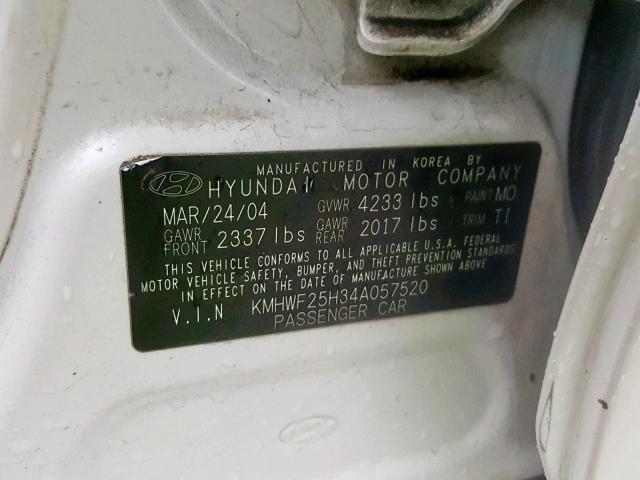 KMHWF25H34A057520 - 2004 HYUNDAI SONATA GL WHITE photo 10