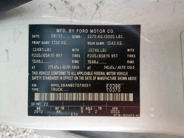 NM0LS6AN8CT079051 - 2012 FORD TRANSIT CO WHITE photo 10