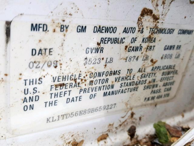 KL1TD56E89B659227 - 2009 CHEVROLET AVEO LS WHITE photo 10