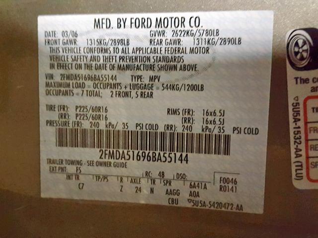 2FMDA51696BA55144 - 2006 FORD FREESTAR S GREEN photo 10