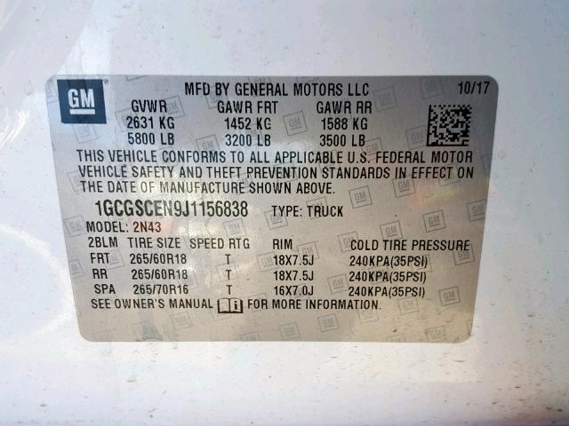1GCGSCEN9J1156838 - 2018 CHEVROLET COLORADO L WHITE photo 10