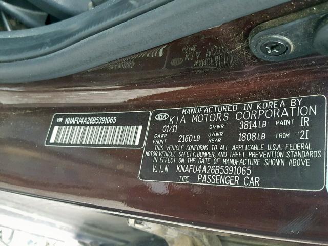 KNAFU4A26B5391065 - 2011 KIA FORTE EX BURGUNDY photo 10