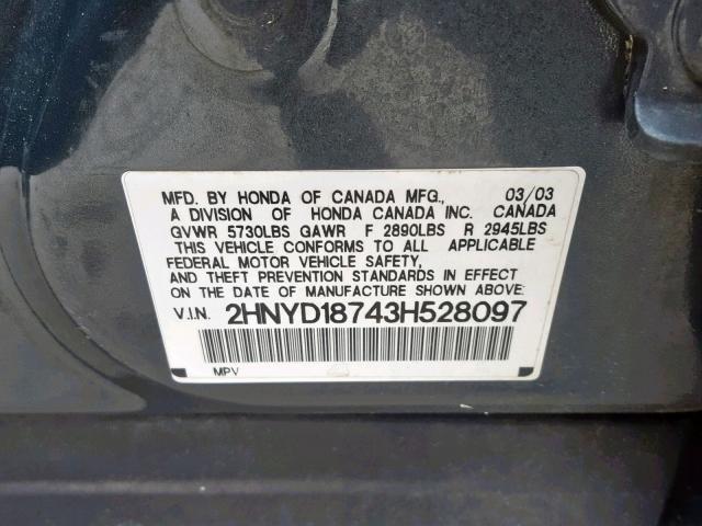 2HNYD18743H528097 - 2003 ACURA MDX TOURIN CHARCOAL photo 10