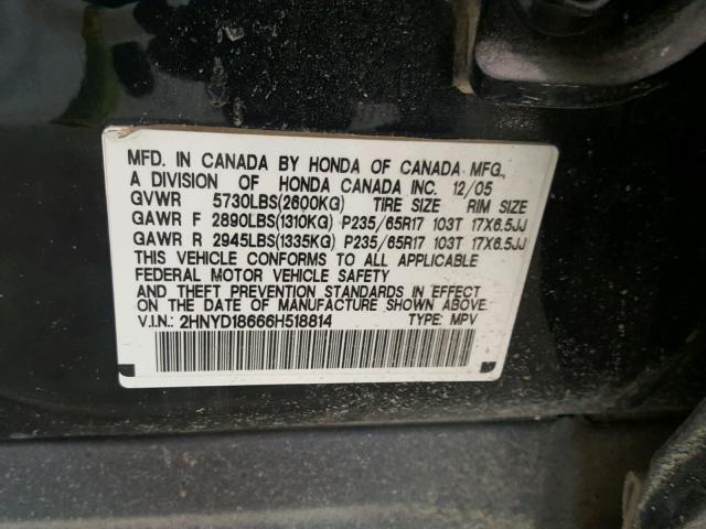 2HNYD18666H518814 - 2006 ACURA MDX TOURIN BLACK photo 10